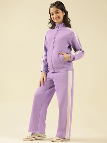 Image of Li'l Tomatoes Girls Solid Fleece Winter Track Suit | Zip-Up High Neck Jacket & Wide-Leg Track Pants | Casual Co-Ord Set | 9-16 Years