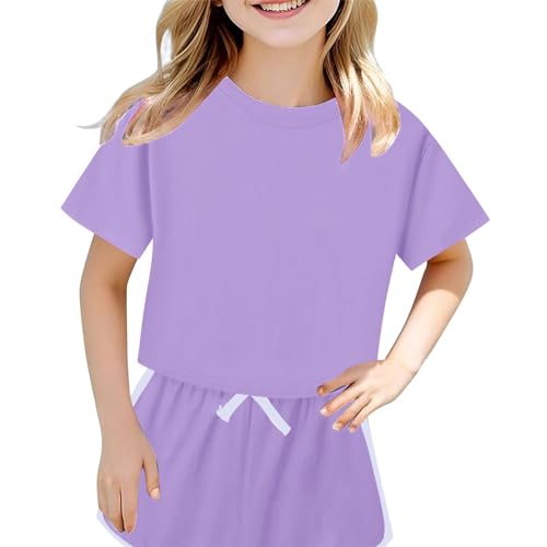 Toddler Kids Summer Sport T-Shirt and Shorts Set Teen Girls Fitted Plain Color Crop Tops Soft Crewneck Cotton Tee Shirt3