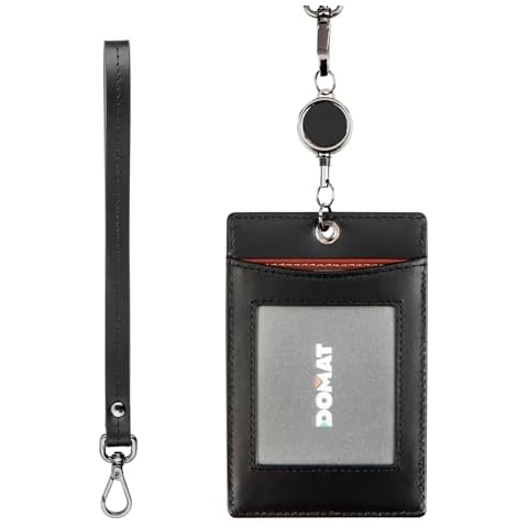 DOMAT Leather Card Badge Holder for Women Men Vertical Case Protector with Clear Window 2 Card Slots Detachable Chain ID Badge Holder with Retractable Heavy Duty Badge Reel for Office (Black) Cover