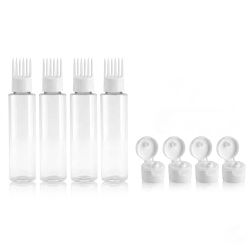 Image of Hian Hair Oil Applicator Bottle with Comb Tip, Transparent Plastic Scalp Dispenser for Easy Oil & Shampoo Application, Refillable Bottle for Root Care (White Color, Pack of 4)