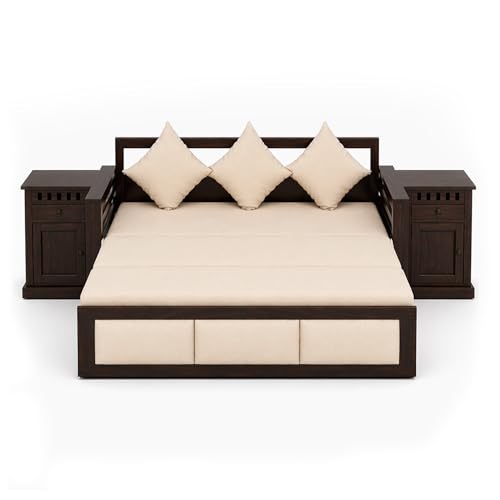 Image of SONA ART & CRAFTS Zeus Sheesham Wood 3 Seater Sofa Cum Bed with Bedside | Wooden 3 Seater Sofa for Living Room Wooden Furniture Sofa Bed for Home (Walnut Finish)