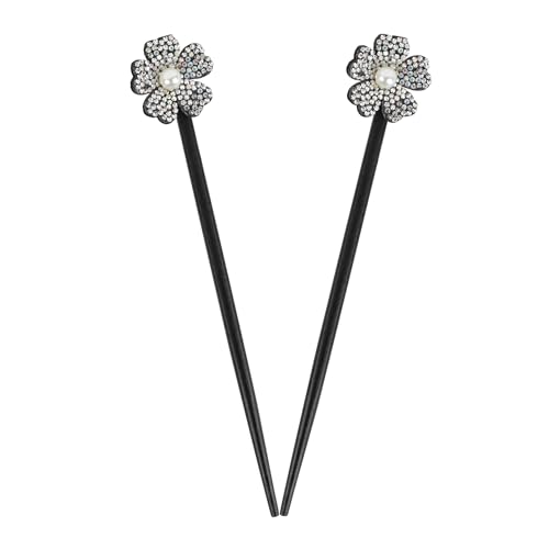 Barrettes en bois noir fleuries strass irisé pince cheveux femme