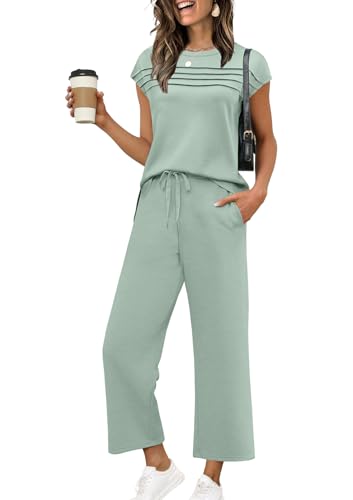 WIHOLL Two Piece Sets for Women Summer Spring Travel Vacation Outfits Cap Sleeve Lounge Matching Sets Wide Leg Pants S-3XL
