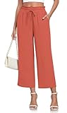 CATHY Womens Casual Wide Leg Pants Drawstring High Waisted Trousers with Pockets, L, Orange Red