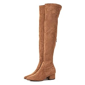 N.N.G Women's Over The Knee Boots - Low Block Heel (3 Inch), Suede, Square Toe, Comfort Long Boots (Brown, Size 7) 5 thumbnail image