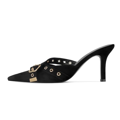 Image of Dsevht Black Kitten Heels for Women Pointed Closed Toe Dressy Bow Heel Vintage Heeled Mules Sexy Pointy Studded Slip on Stiletto Pump Shoes