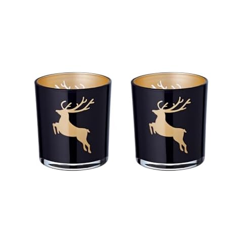 EDZARD Set of 2 Elsa Tea Light Glasses Height 8 cm Black / Gold Stag Motif Cover