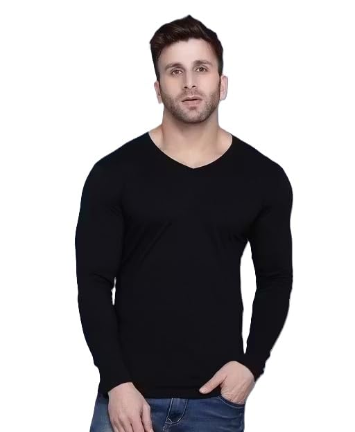 Tees Collection Men Slim Fit V Neck Full Sleeve Solid Polyester Tshirt-picture-26