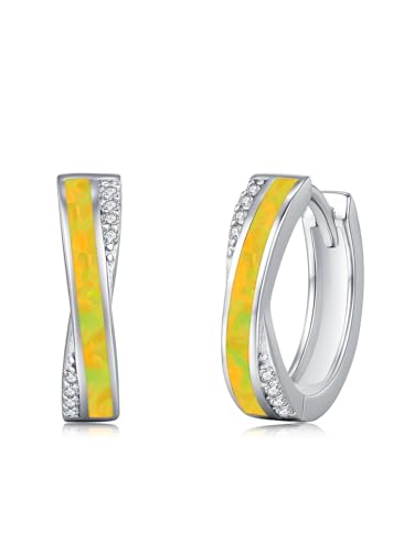Boucles d'oreilles créoles argent 925 et opale jaune pour femme