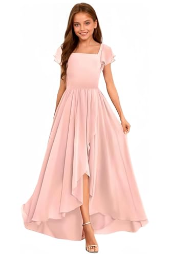 Short Sleeve Junior Bridesmaid Dress with Slit Square Neck Flower Girl Dresses for Wedding Long Formal Party Jr Dress