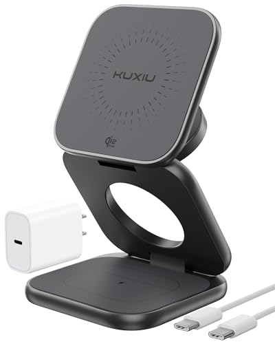 Image of KU XIU Qi2.2 25W Magnetic Wireless Charger, Foldable 3 in 1 Travel Charging Station for iPhone 17 /16 /15 /14 /13 /12, 5W for Apple Watch & AirPods, Aluminum Alloy Design, 45W GaN Adapter Included, Gray