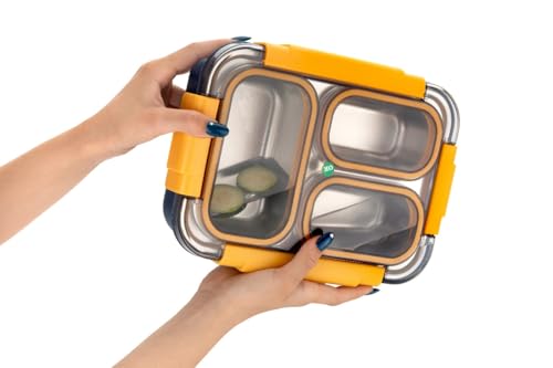 Image of Stainless Steel Leak Proof 3 Compartment Lunch Box for Office /School /College 3 Containers Lunch Box (900 ml,)