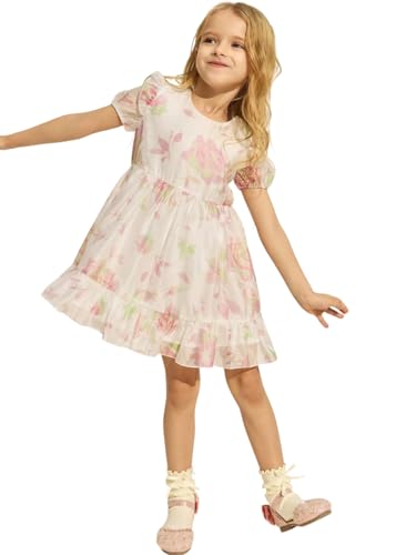Image of TAGAS Floral Print Mesh Insert Ruffle Trim Belted Dress||Frock for Girls||Sleeve Less Dress for ||Fency Dress||(KD-144)