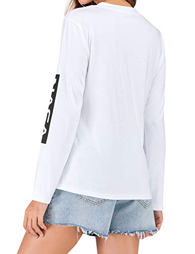 WLLW Women Long Sleeve Crew Neck NASA Letter Print Shirt Tops Blouse Sweatshirt (2XL, White)