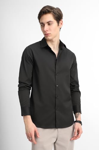 Image of SNITCH Men Formal Shirt | Tailored Slim Fit Full Sleeve Spread Collar Solid Style | Breathable Polyester Viscose Blend Twill Fabric for Office & Evening