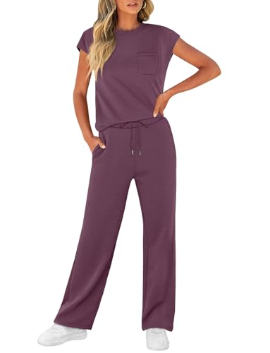 Image of WIHOLL 2 Piece Sets for Women Casual Summer Travel Vacation Outfits Cap Sleeve Lounge Set