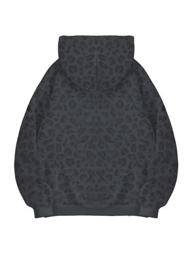 RoseSeek Women's Retro Leopard Hoodies Sweatshirt Long Sleeve Drawstring Y2K Pullover Tops Grey Large