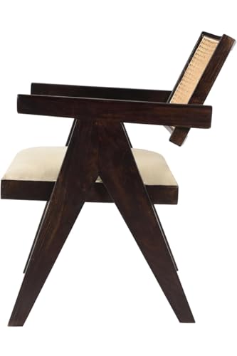 Image of Modern Cane Back Accent Chair, Black Wood Frame with Natural Rattan, Ivory Cushioned Seat, Contemporary Living Room Furniture