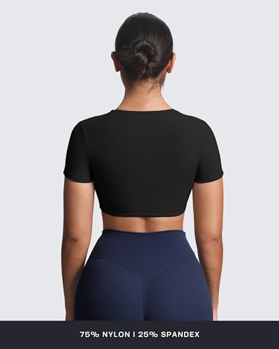 Image of Aoxjox Short Sleeve Crop Tops for Women Sienna Twist Deep V Workout Cropped T Shirt Top