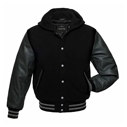 Mens Varsity Jacket Wool Body Genuine Leather Arms Letterman Jacket College Varsity Jackets (Large, Black-Hoodie (Grey line))
