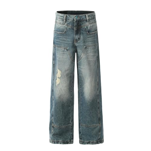 Jeans Pants Trousers Denim Street Trendy Wear Out Hole Loose Water Washed Blue Casual Straight Commuter for Men