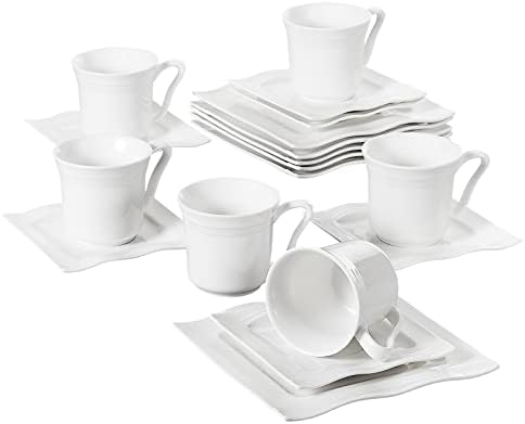 MALACASA, Series Flora, 18-Piece Dinner Set Wave Shaped Ivory White Porcelain Coffee Set with 6-Piece Cups/Saucers/Dessert Plates, Service for 6