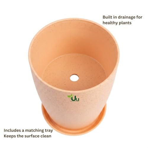 Image of Urban Upvan Beige 14 inch Tower Planter Pot with Tray | Large Indoor Outdoor Decorative Flower Pots for Home, Balcony & Garden (Pack of 2)