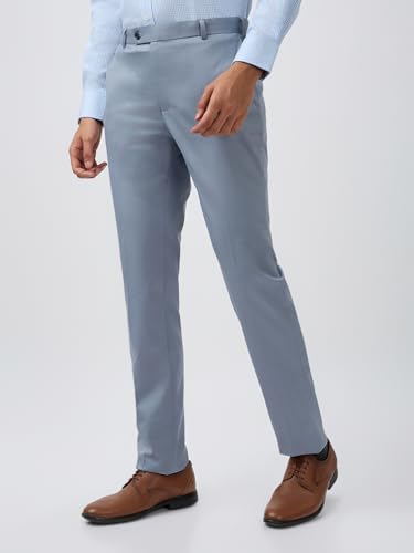 Image of Raymond Men Mid Rise Slim Fit Solid Pattern Poly Viscose Blend Flat Front Formal Trouser