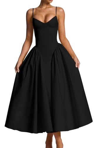 Memoriesea Women's V Neck Spaghetti Strap Midi Dress