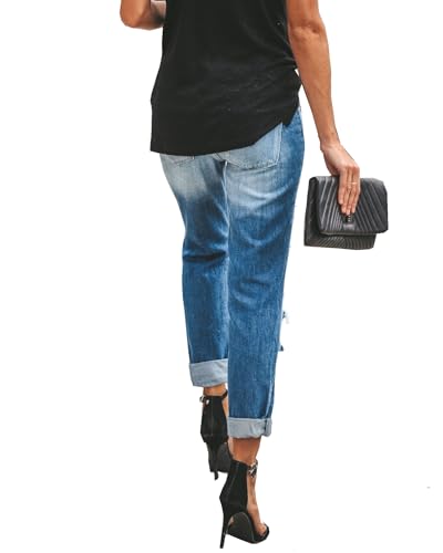 Women's Ripped Mid Waisted Boyfriend Jeans Loose Fit Distressed NO Stretchy Denim Pants3