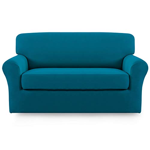 Image of Easy-Going 2 Pieces Stretch Loveseat Couch Sofa Slipcover Washable | Spandex Soft Fitted Sofa Couch Cover for Sofa Furniture Protector with Bottom Kids,Pet Dog Peacock Blue