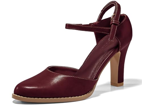Coutgo Womens Chunky High Heels Closed Pointed Toe Ankle Strap Pu...