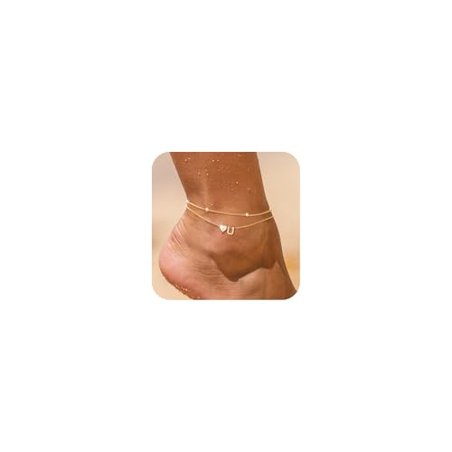 Image of NECOCY Initial Heart Diamond Anklets for Women Waterproof, Non Tarnish 14k Gold Plated Letter Ankle Bracelets Dainty, Summer Beach Bikini Jewelry Gifts for Women