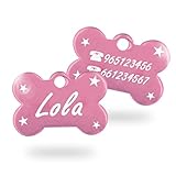 Chapa para Perro y Gato Personalizada - Ideal para Grabar su Nombre y tu Contacto - Placa Identificativa Hecha de Aluminio brillante - Diseño de Hueso con Estrellas - Rosa - Ibera gifts