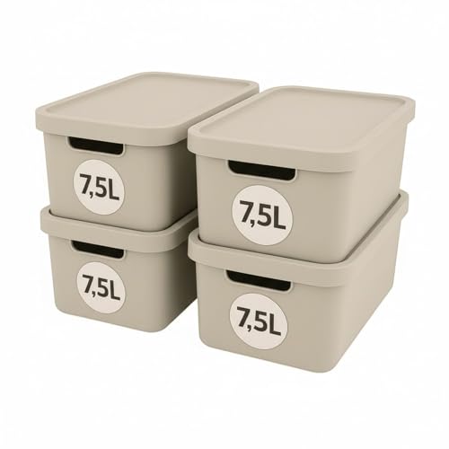 Plastard Aufbewahrungsboxen mit Deckel 7,5 L, 4er-Set, Beige, BPA-frei, Stapelbar, Ordnungsbox für Küche, Bad, Büro, Kinderzimmer, Regale – Robuste Kunststoffbox, Kleiderbox