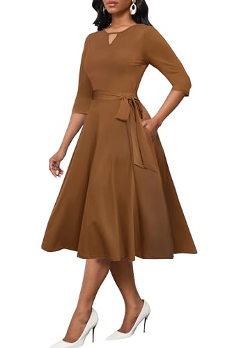 Image of CLOCOR Midi Dresses for Women Casual A-Line Fit and Flare Dress Crewneck 3 /4 Sleeve Keyhole Cocktail Party Church Dress