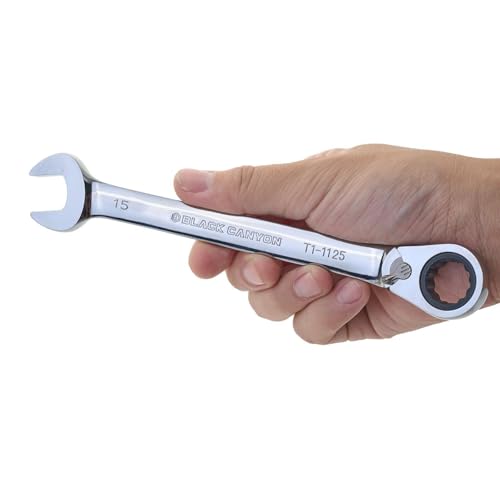 Image of BLACK CANYON 15 mm Ratchet Combination Wrench, 12-Point Box End & Hex Opening, Polished Steel Ratcheting Wrench with SAE & Metric Sizes