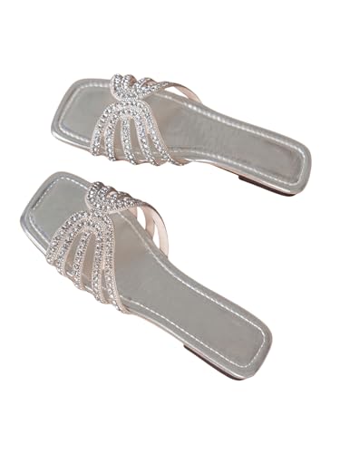 OYOANGLE Women's Metallic Rhinestone Square Toe Sandals H Band Slip On Flat Sandals Casual Outdoor Slides