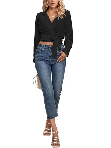 Vrtige Women's Wrap V Neck Self Tie Knot Long Sleeve Blouse Shirt Crop Top4
