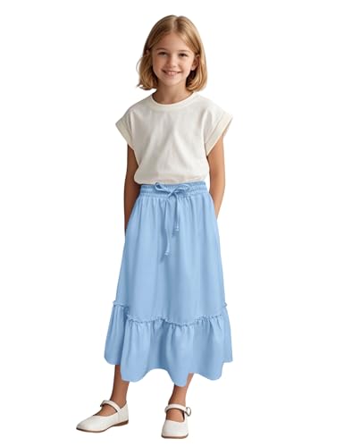 Image of Girls High Waisted Ruffle Maxi Skirt Soft Cotton Long Skirts with Elastic Waistband for Kid Girl 3-12 Years
