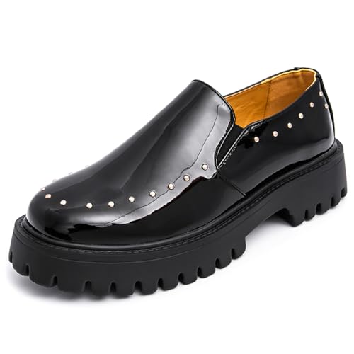 Men's Patent Leather Chunky Platform Rivet Loafers Round Toe Slip-On Non-Slip Lug Sole Dress Shoes Comfortable Causal Business Work Wedding Formal Shoes