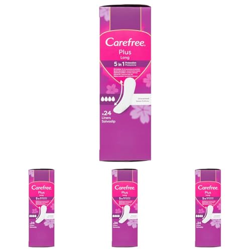 Carefree Salvaslip Plus Long sin perfume, salvaguitas para mujer extra largo con protección 5 en 1 para 8 h de sensación de seco, absorbentes sin perfume ultrafinos para uso diario, 24 compresas
