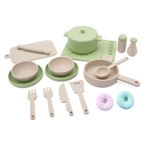 Kizadee Play Kitchen Accessories, Silicone Pretend Play Kitchen Toys Set, Play Kitchen Pots and Pans Set for Kids, Learning Education Cooking Toys for Girls and Boys(Green)