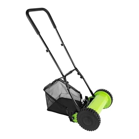 NG NOPTEG 12inch 5-Blade Reel Manual Push Lawn Mower, Portable Hand-Push Lawn Sweeper with Grass Catcher and Collection Bag, 1.33'' to 2.51'' Adjustable Height, Green Cover