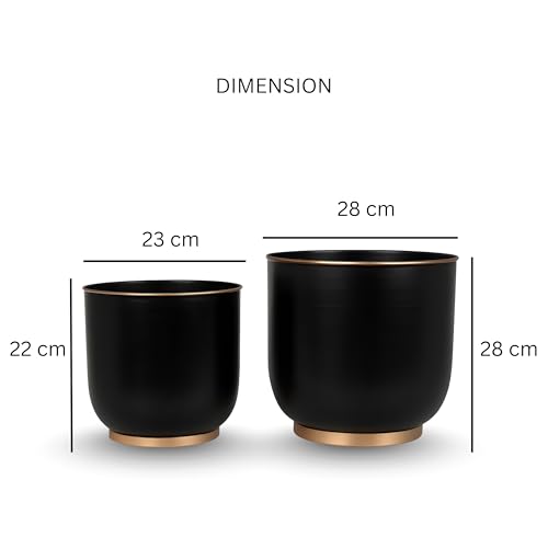 Image of Metal Planters Set of 2 Black (28 cm & 23 cm) with Drain Hole | Large Indoor Plant Pots for Living Room Balcony Office | Modern Decorative Metal Planters for Home Decor
