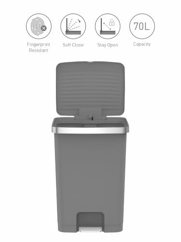 Image of Obsessions EKO 70L Plastic Step Bin with Pedal, Large Capacity Trash Can Ideal for Home, Kitchen and Office,Grey