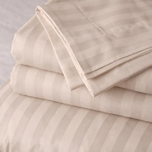 Image of Double Size Bedsheets for Single Bed 600 TC - Cotton Elastic Fitted Sheet (48 x 78 Inches) with 10 Inch Drop- Color Taupe Stripe [ Fitted Sheet with 2 Pillow Cover]