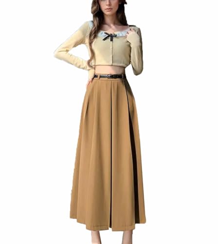 Women's Casual Pleated Long Skirt Pockets High Waist A-Line Skirts Khaki3