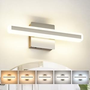 JUSHENG Brushed Nickel Vanity Lights for Bathroom, 5CCT Dimmable Vanity Light Bar, Modern LED Bathroom Lighting Fixtures Above Mirror 16” Inch 16W