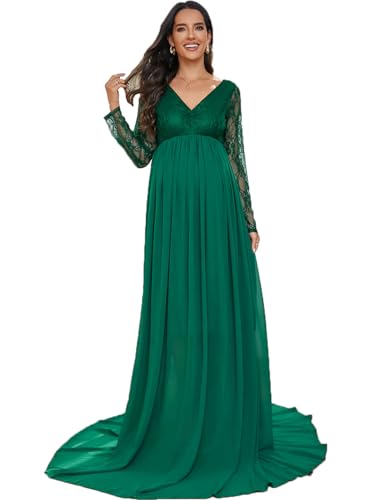 Image of ZIUMUDY Maternity V Neck Chiffon Photography Gown Long Sleeve Lace Stitching Maxi Dress for Baby Shower